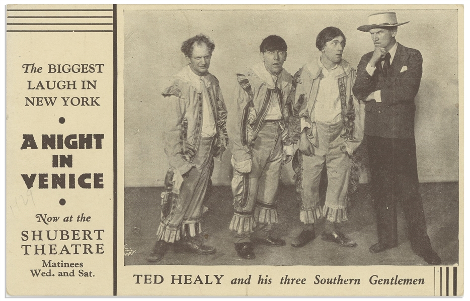 ''A Night in Venice'' Postcard, Circa 1929, Featuring ''Ted Healy and his three Southern Gentlemen'' -- 5.5'' x 3.5'' Postcard Promotes Show at Shubert Theatre -- Sticker on Verso,  Very Good